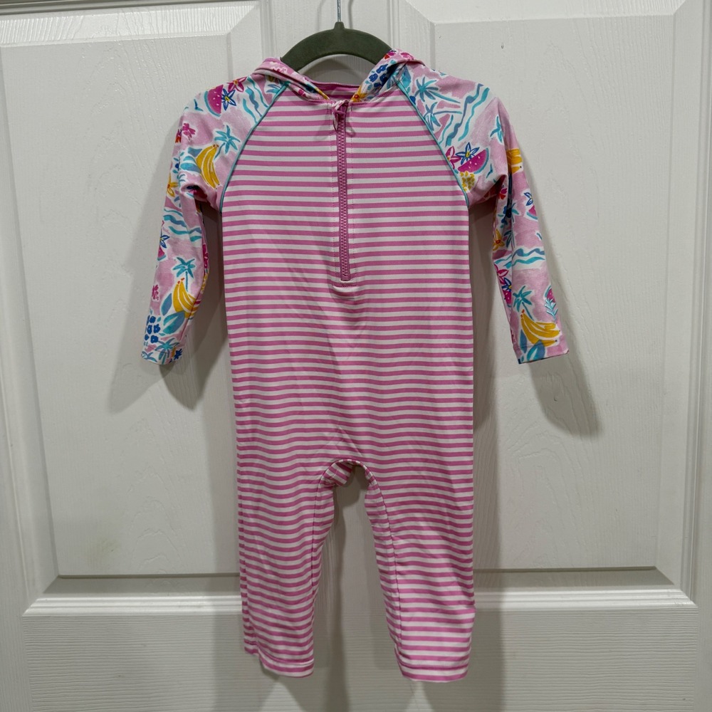 Coolibar Infant Pink Striped Tropical Hooded Rash Guard Swimsuit UPF 50+ 6-12M